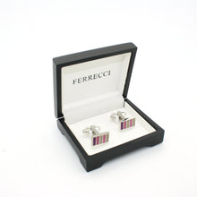 Load image into Gallery viewer, Silvertone Lavender Stripe Cuff Links With Jewelry Box - Ferrecci USA