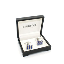 Load image into Gallery viewer, Silvertone Aqua Blue Criss Cross Cuff Links With Jewelry Box - Ferrecci USA