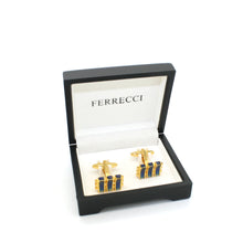 Load image into Gallery viewer, Goldtone Aqua Blue Criss Cross Cuff Links With Jewelry Box - Ferrecci USA