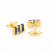 Load image into Gallery viewer, Goldtone Aqua Blue Criss Cross Cuff Links With Jewelry Box - Ferrecci USA