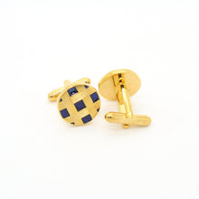 Load image into Gallery viewer, Goldtone Blue Criss Cross Metal Cuff Links With Jewelry Box - Ferrecci USA