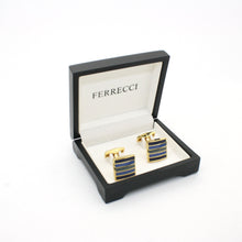 Load image into Gallery viewer, Goldtone Blue Stripe Cuff Links With Jewelry Box - Ferrecci USA