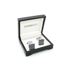 Load image into Gallery viewer, Silvertone Blue Stripe Cuff Links With Jewelry Box - Ferrecci USA