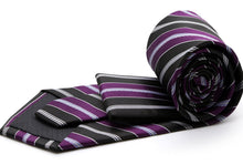 Load image into Gallery viewer, Mens Dads Classic Purple Striped Pattern Business Casual Necktie & Hanky Set F-3 - Ferrecci USA