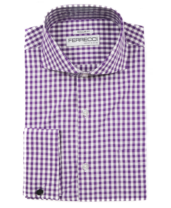 Purple Gingham Check French Cuff Regular Fit Shirt - Ferrecci USA 