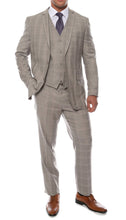 Load image into Gallery viewer, Lazio Taupe Plaid Design Notch Lapel Slim Fit Suit With Adjustable Vest - Ferrecci USA
