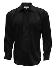 Load image into Gallery viewer, Black Satin Regular Fit French Cuff Dress Shirt, Tie & Hanky Set - Ferrecci USA