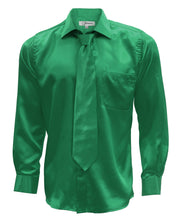 Load image into Gallery viewer, Emerald Green Satin Men's Regular Fit Shirt, Tie & Hanky Set - Ferrecci USA
