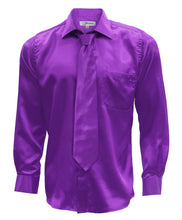 Load image into Gallery viewer, Purple Satin Men's Regular Fit Shirt, Tie & Hanky Set - Ferrecci USA