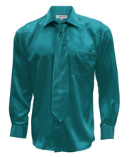 Load image into Gallery viewer, Teal Satin Men's Regular Fit Shirt, Tie & Hanky Set - Ferrecci USA