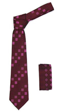 Load image into Gallery viewer, Geometric Berry Red Necktie w. Dotted Squares Hanky Set - Ferrecci USA