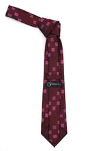 Load image into Gallery viewer, Geometric Berry Red Necktie w. Dotted Squares Hanky Set - Ferrecci USA