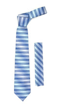 Load image into Gallery viewer, Microfiber Blue Silver Striped Tie and Hankie Set - Ferrecci USA