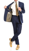 Load image into Gallery viewer, Yves Navy Blue Plaid Check Men's Premium 2pc Premium Wool Slim Fit Suit - Ferrecci USA