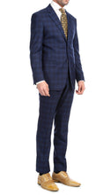 Load image into Gallery viewer, Yves Navy Blue Plaid Check Men's Premium 2pc Premium Wool Slim Fit Suit - Ferrecci USA