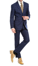 Load image into Gallery viewer, Yves Navy Blue Plaid Check Men's Premium 2pc Premium Wool Slim Fit Suit - Ferrecci USA