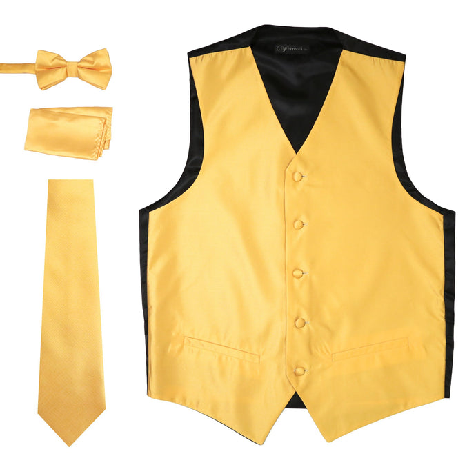 Ferrecci Mens Solid Gold Wedding Prom Grad Choir Band 4pc Vest Set - Ferrecci USA 