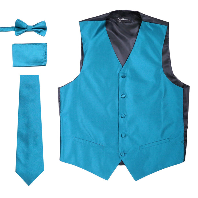 Ferrecci Mens Solid Teal Wedding Prom Grad Choir Band 4pc Vest Set - Ferrecci USA 