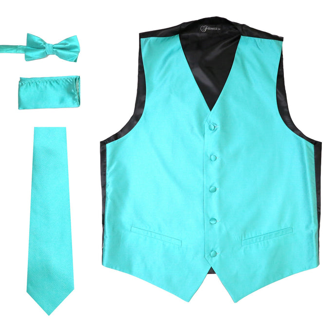 Ferrecci Mens Solid Aqua Pale Turquoise Wedding Prom Grad Choir Band 4pc Vest Set - Ferrecci USA 