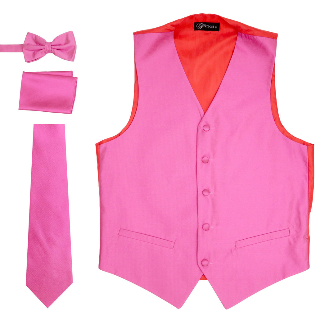 Ferrecci Mens Solid Fuchsia-Pink Wedding Prom Grad Choir Band 4pc Vest Set - Ferrecci USA 