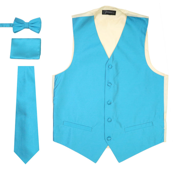 Ferrecci Mens Solid Light Blue-Cream Wedding Prom Grad Choir Band 4pc Vest Set - Ferrecci USA 