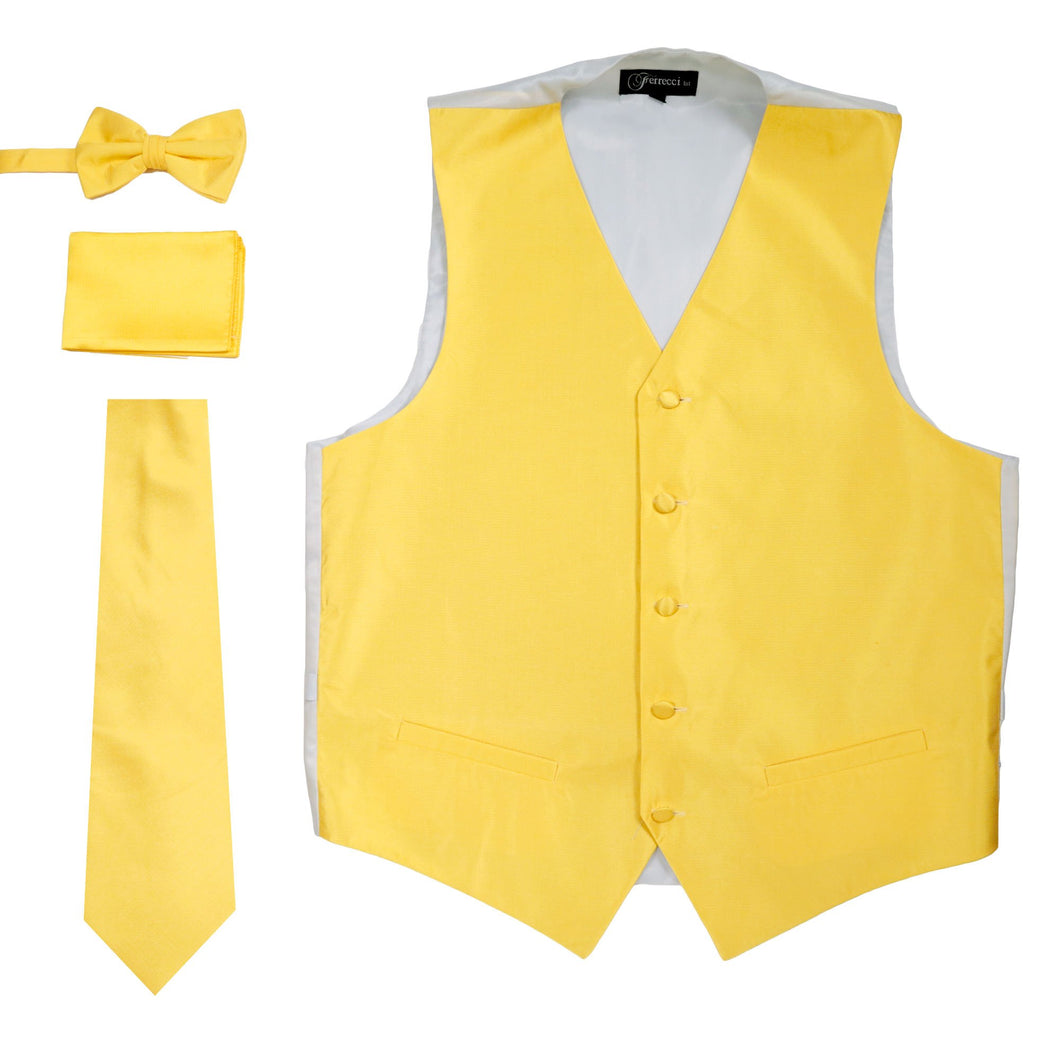 Ferrecci Mens Solid Yellow-Grey Wedding Prom Grad Choir Band 4pc Vest Set - Ferrecci USA 