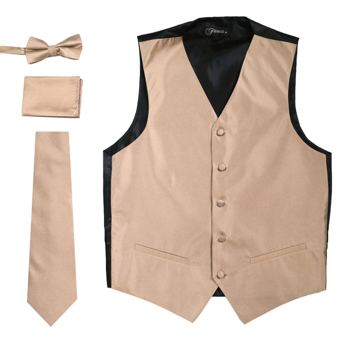 Ferrecci Mens Solid Beige Wedding Prom Grad Choir Band 4pc Vest Set - Ferrecci USA 