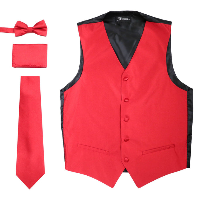 Ferrecci Mens Solid Red Wedding Prom Grad Choir Band 4pc Vest Set - Ferrecci USA 