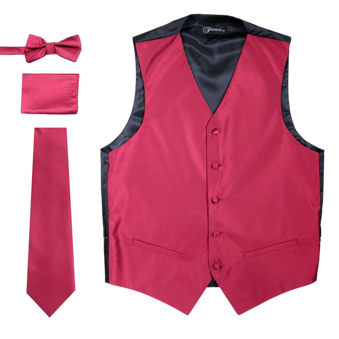 Ferrecci Mens Solid Burgundy Wedding Prom Grad Choir Band 4pc Vest Set - Ferrecci USA 