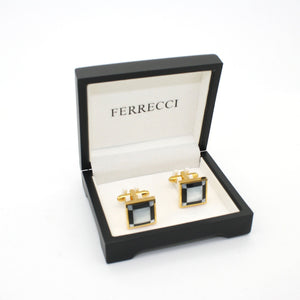 Goldtone Black and White Square Cuff Links With Jewelry Box - Ferrecci USA 