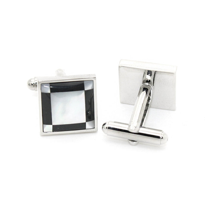 Silvertone Black and White Square Cuff Links With Jewelry Box - Ferrecci USA 