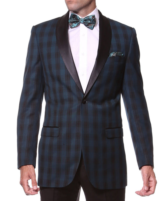 The Astor Teal Plaid Slim Shawl Tuxedo Blazer - Ferrecci USA 