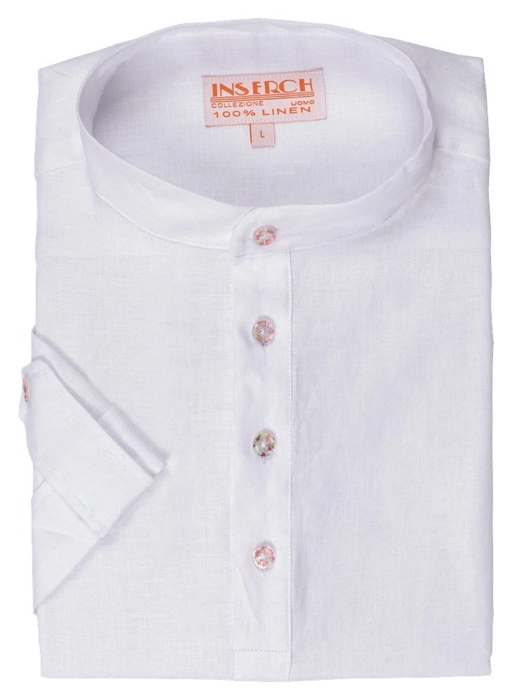 MEN'S WHITE LINEN BANDED COLLAR POP OVER SHIRT BY INSERCH