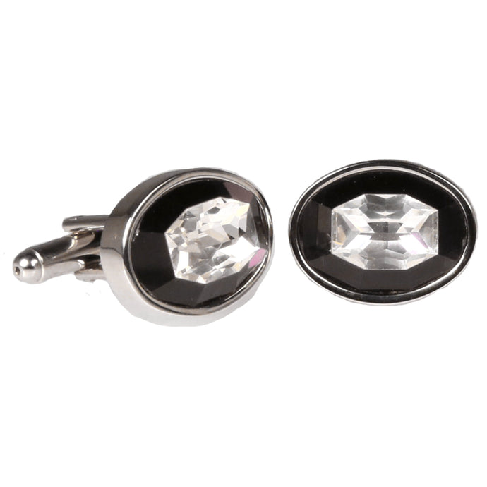 Silvertone Circle Black Stone Cufflinks with Jewelry Box - Ferrecci USA 