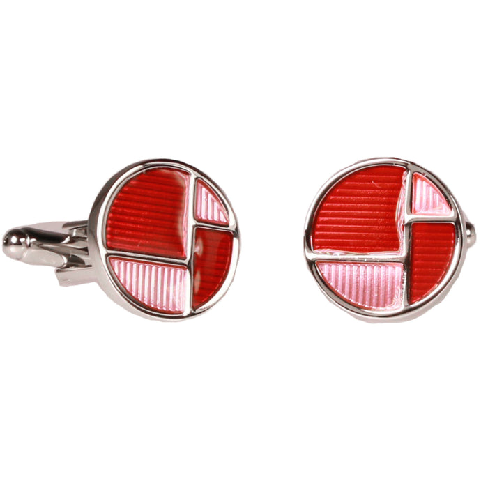 Silvertone Red Circle Geometric Pattern Cufflinks with Jewelry Box - Ferrecci USA 