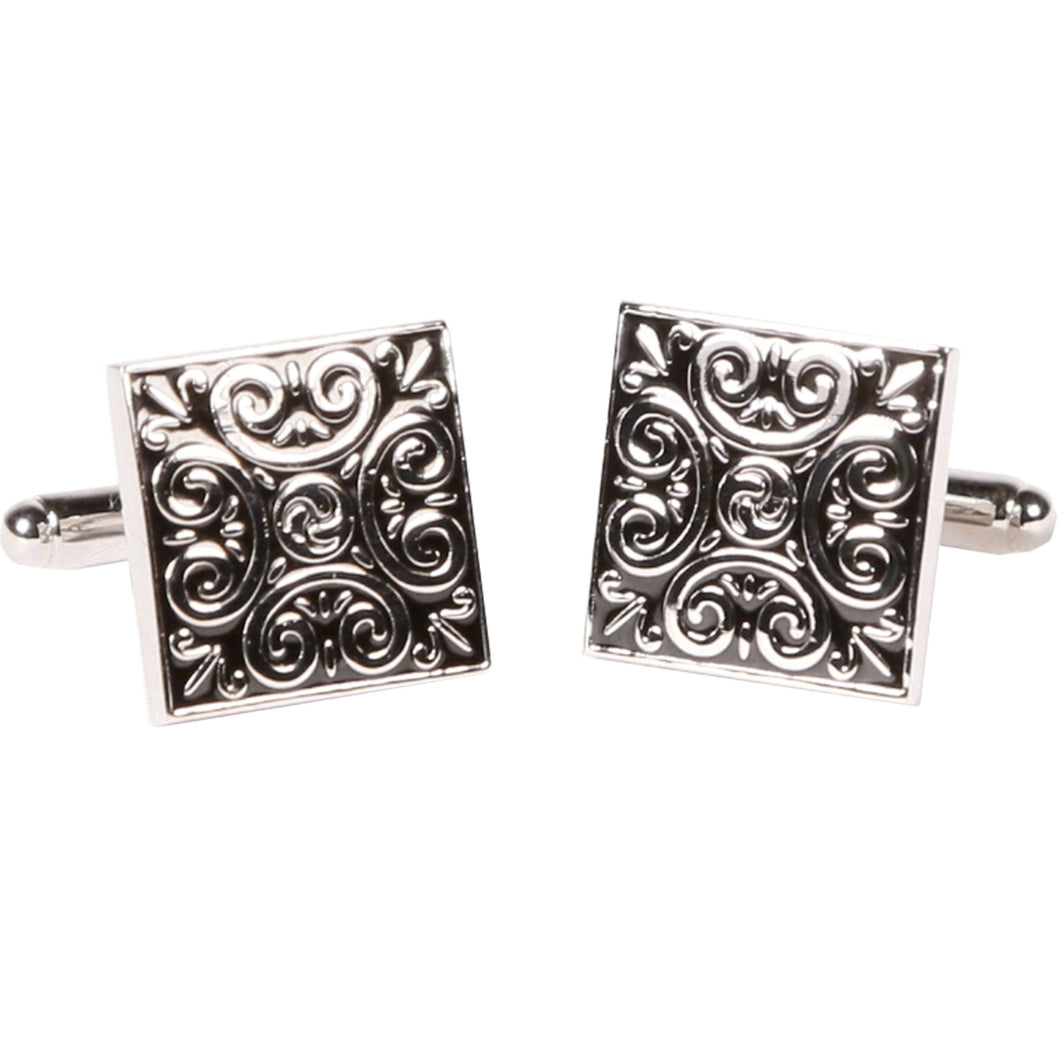 Silvertone Square Black Geometric Cufflinks with Jewelry Box - Ferrecci USA 