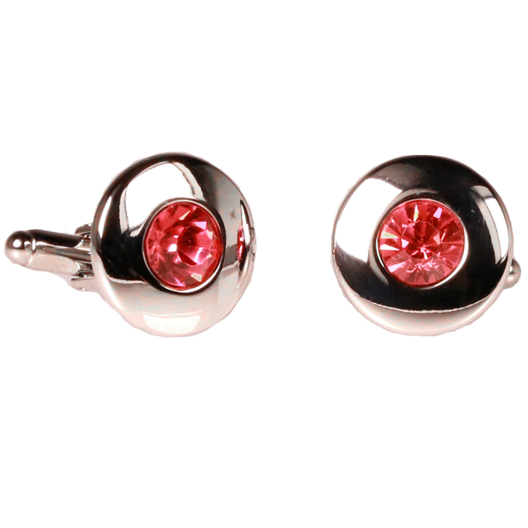 Silvertone Circle Pink Gemstone Cufflinks with Jewelry Box - Ferrecci USA 