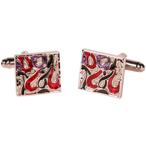Silvertone Square Red Geometric Pattern Cufflinks Cufflinks with Jewelry Box - Ferrecci USA 