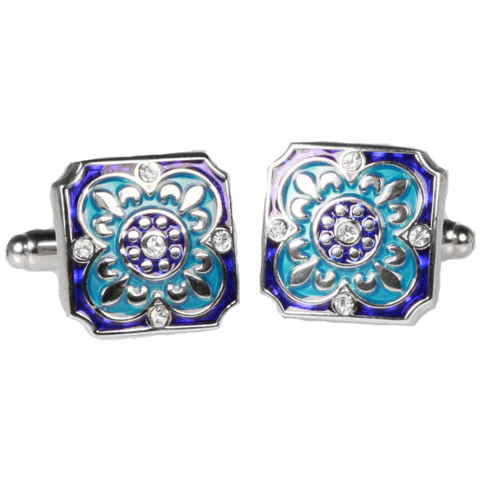 Silvertone Square Blue Geometric Pattern Cufflinks with Jewelry Box - Ferrecci USA 