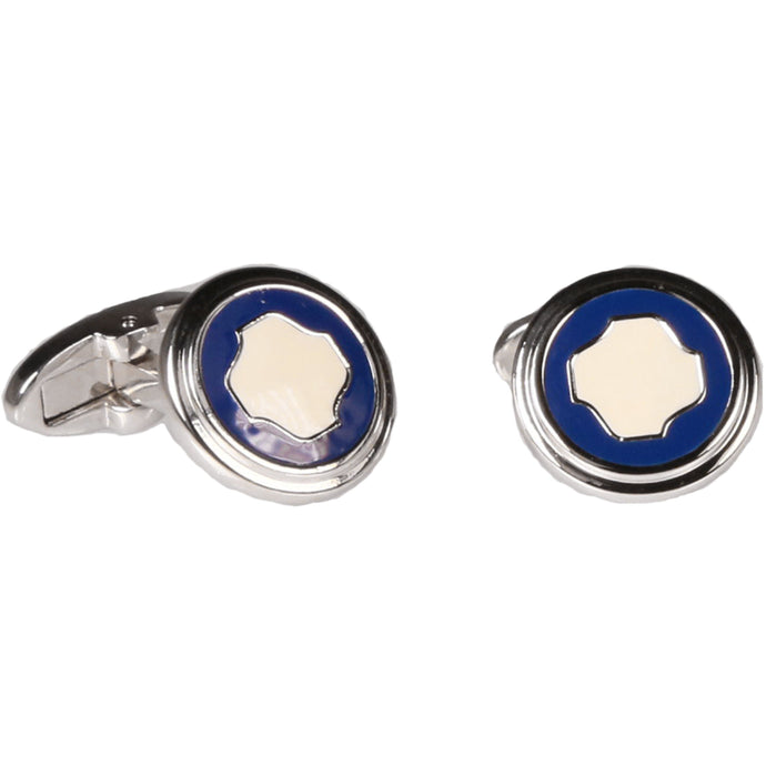 Silvertone Circle Blue Cufflinks with Jewelry Box - Ferrecci USA 