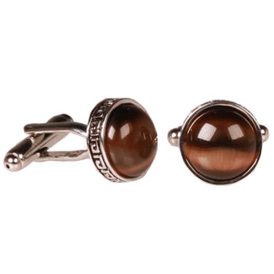 Silvertone Circle Brown Stone Cufflinks with Jewelry Box - Ferrecci USA 