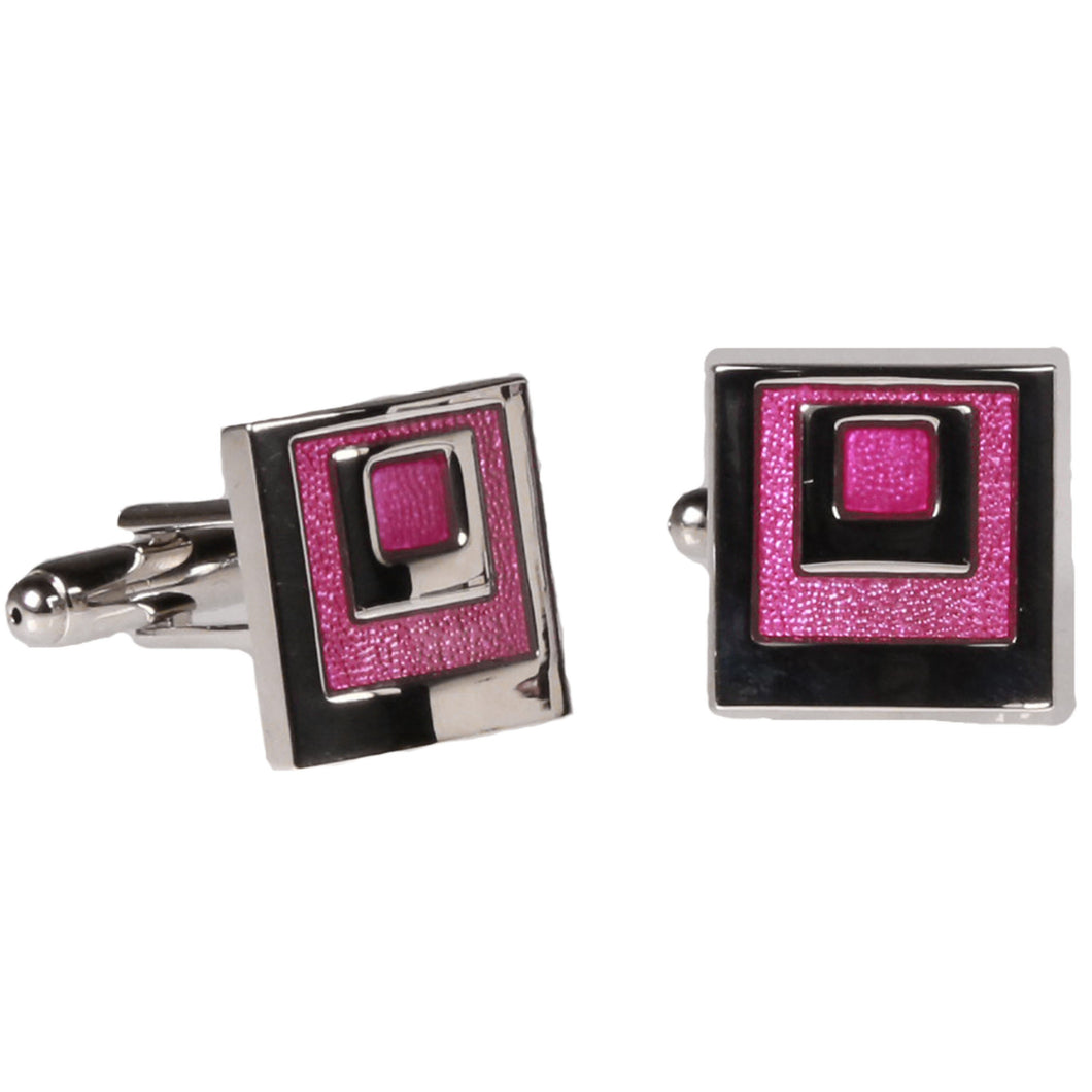 Silvertone Square Pink Geometric Cufflinks with Jewelry Box - Ferrecci USA 