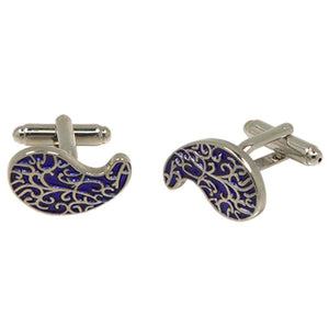 Silvertone Novelty Blue Paisley Cufflinks with Jewelry Box - Ferrecci USA 