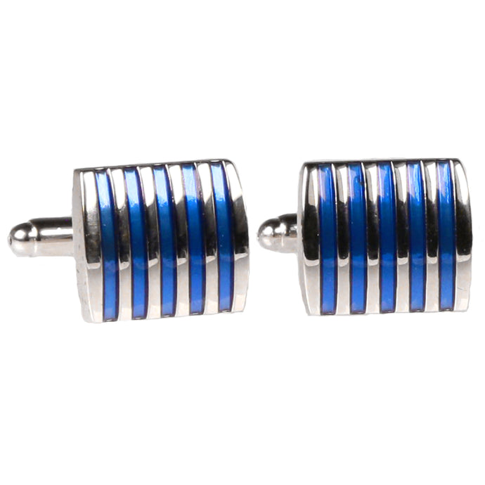 Silvertone Square Blue Stripes Cufflinks with Jewelry Box - Ferrecci USA 