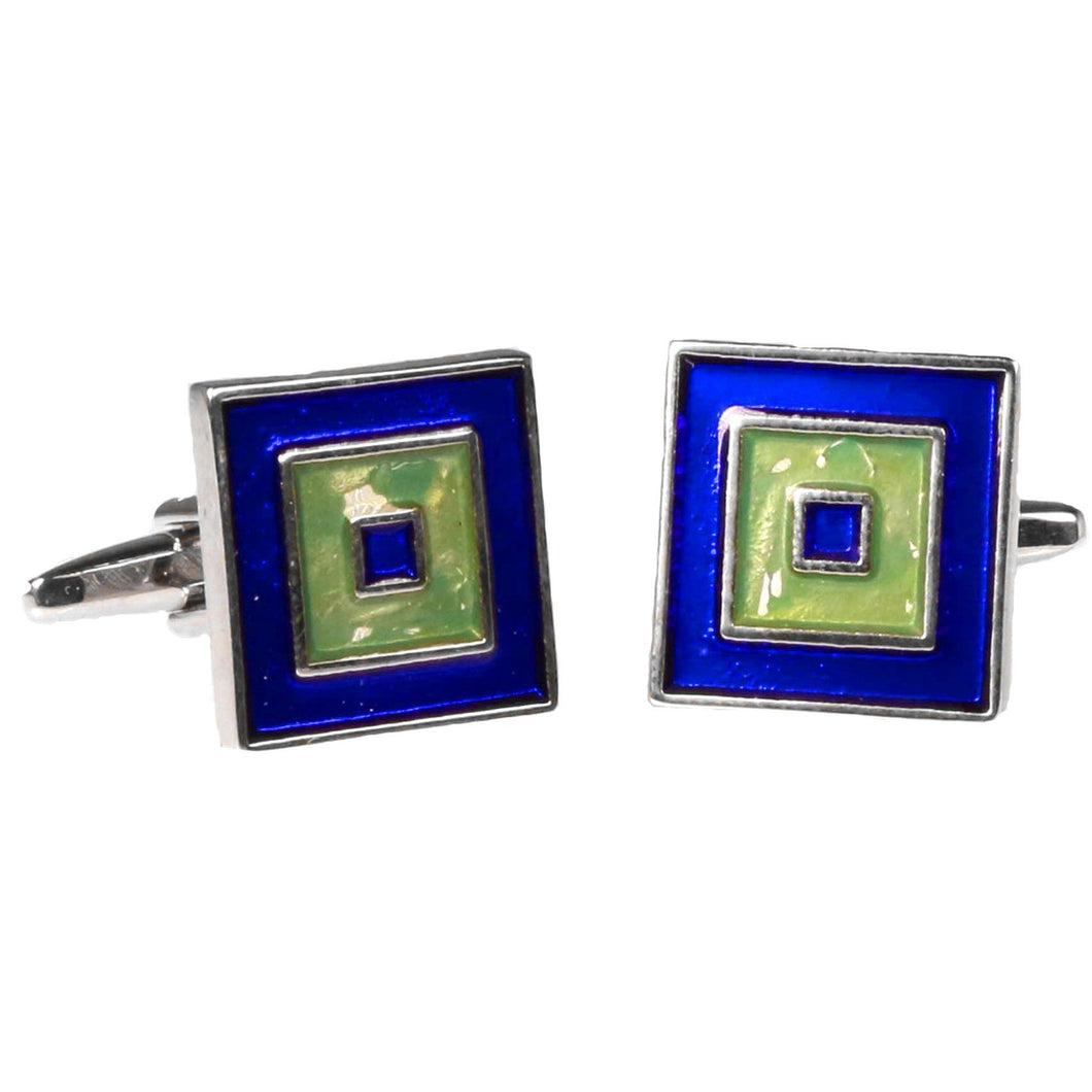 Silvertone Square Blue/Green Cufflinks with Jewelry Box - Ferrecci USA 