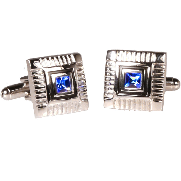Silvertone Square Blue Gemstone Cufflinks with Jewelry Box - Ferrecci USA 
