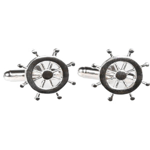 Silvertone Novelty Ship Wheel Cufflinks with Jewelry Box - Ferrecci USA 