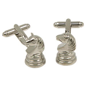 Silvertone Novelty Knight Chess Piece Horse Cufflinks with Jewelry Box - Ferrecci USA 