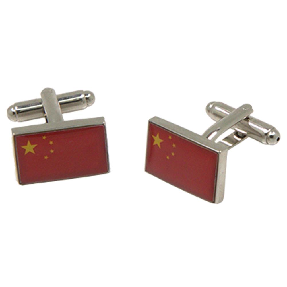 Silvertone Novelty Chinese Flag Cufflinks with Jewelry Box - Ferrecci USA 