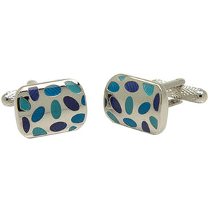 Silvertone Square Blue Oval Pattern Cufflinks with Jewelry Box - Ferrecci USA 